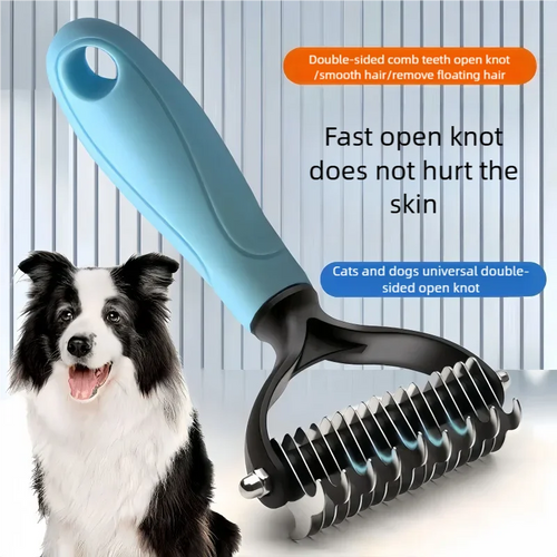 TailTidy double-sided dematting comb with a border collie