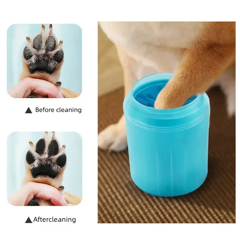 Dog paw before and after using the paw cleaner cup