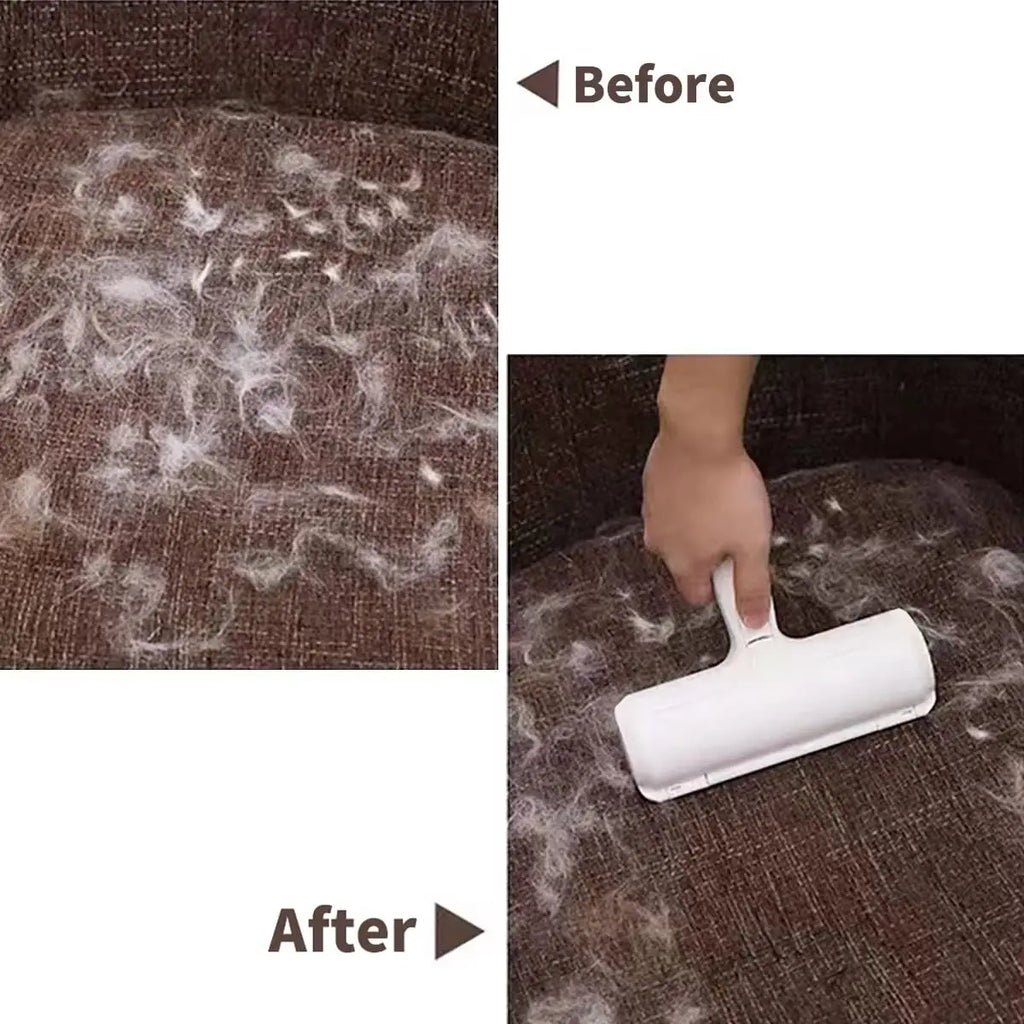 Couch before and after using the pet hair roller