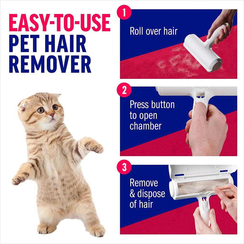 How to use the pet hair roller: roll, press the button, empty the chamber