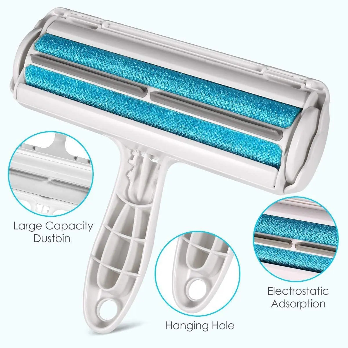TailTidy reusable pet hair roller with blue rollers, large dust chamber and hanging hole