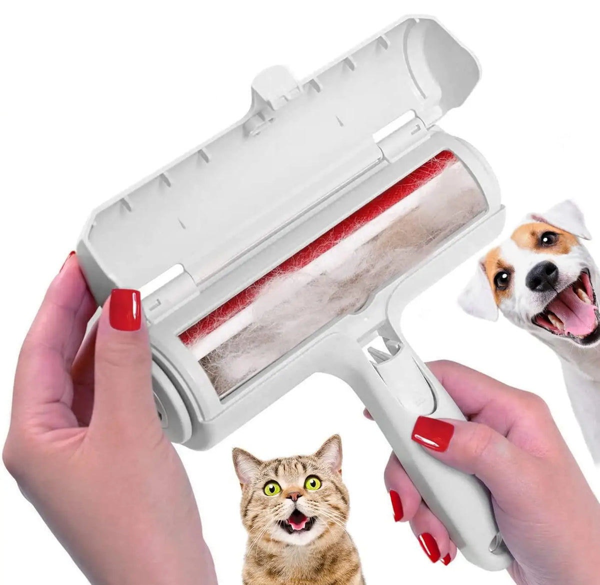 Pet hair roller opened to show the collected fur chamber